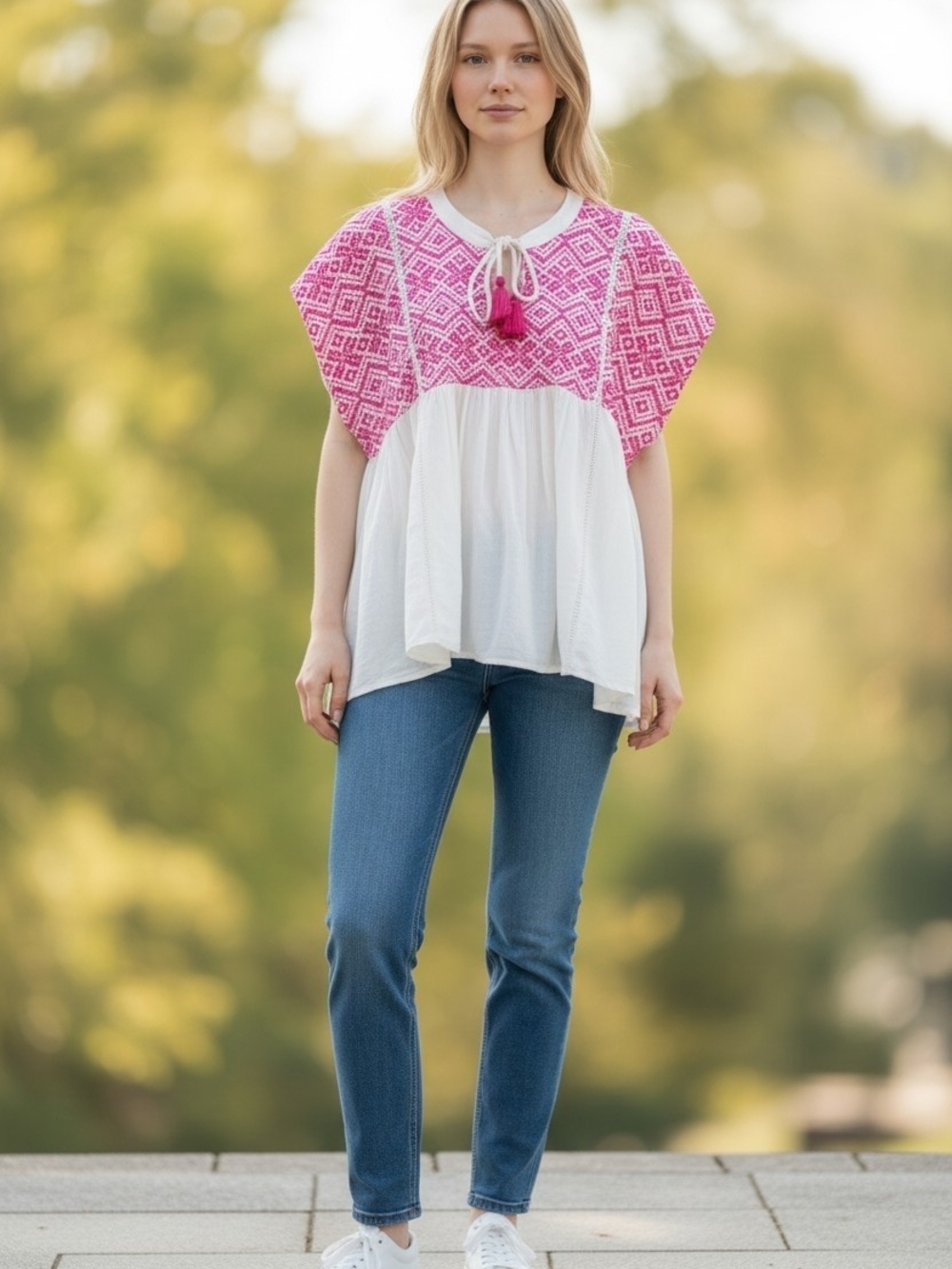 THML Pink & White Embroidered Tie-Neck Tunic